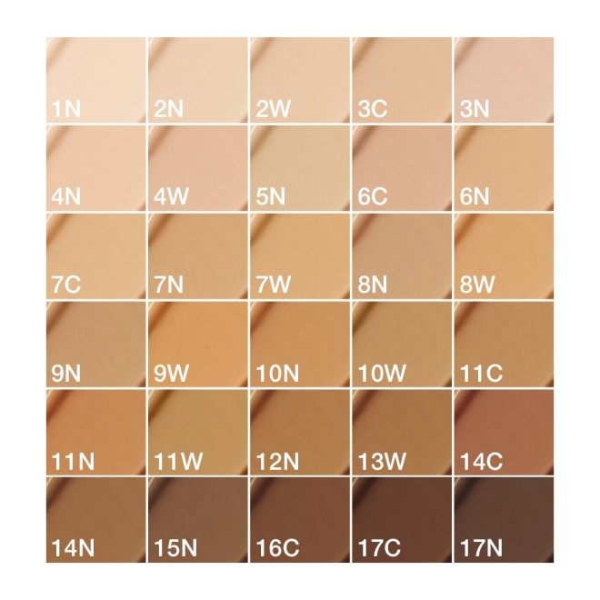 Collage of different foundation shades with a satin finish ranging from whitish-beige to black-brown for fair, light, medium, tan, and deep-tone complexions.