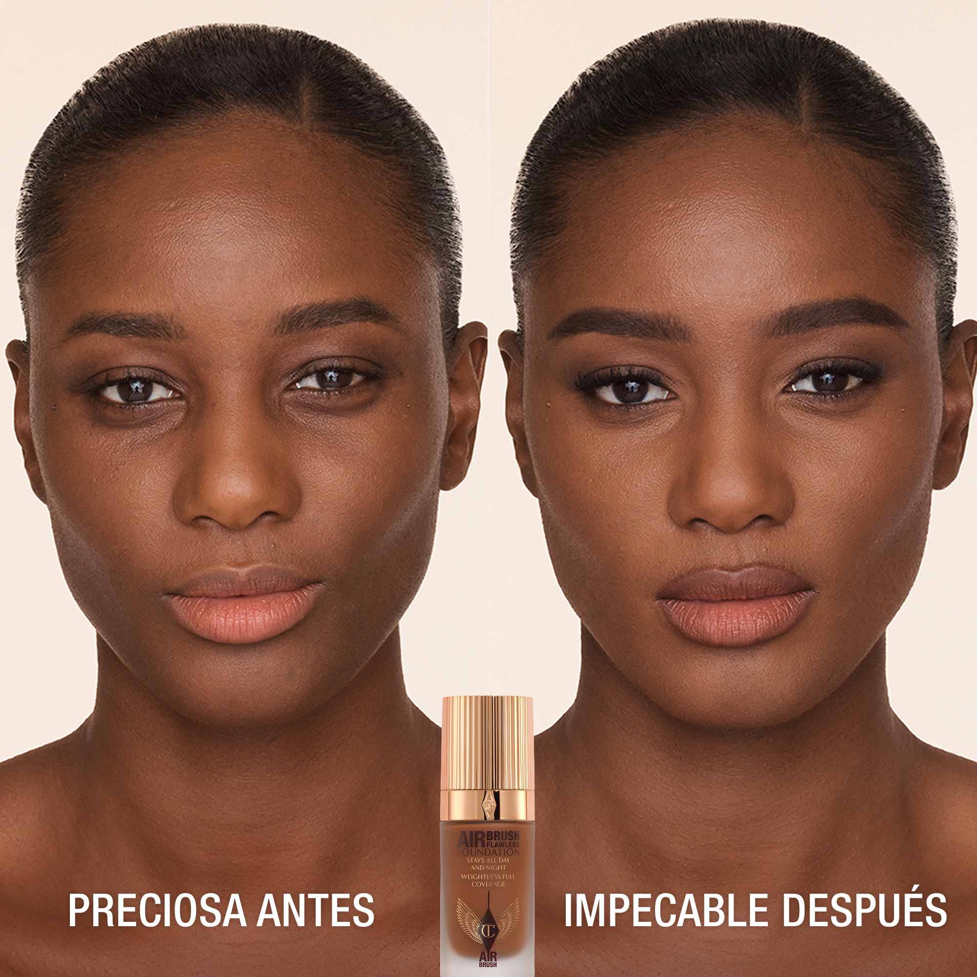 Antes y después de usar Airbrush Flawless Foundation 14 Cool