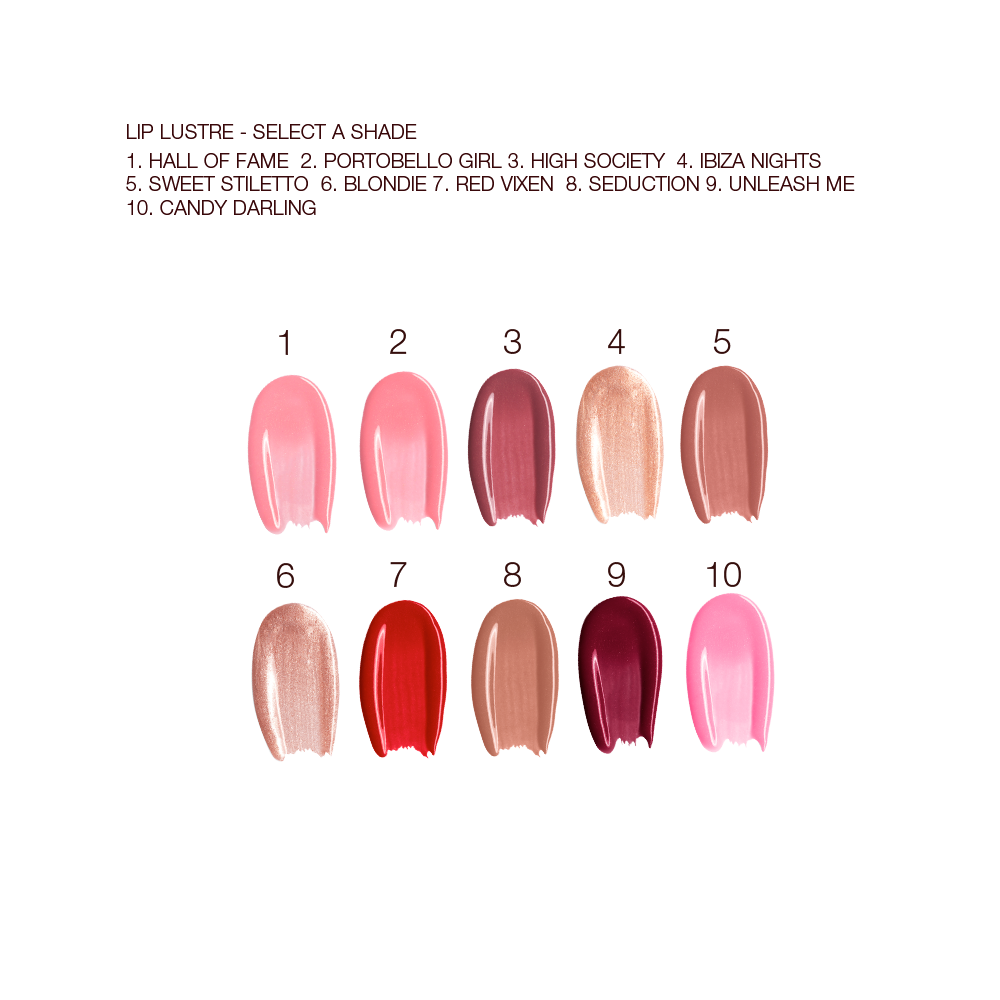 Swatches of six, high-shine lip glosses in bright pink, nude pink, muted wine, shimmery champagne-gold, vibrant red, and nude brown. 