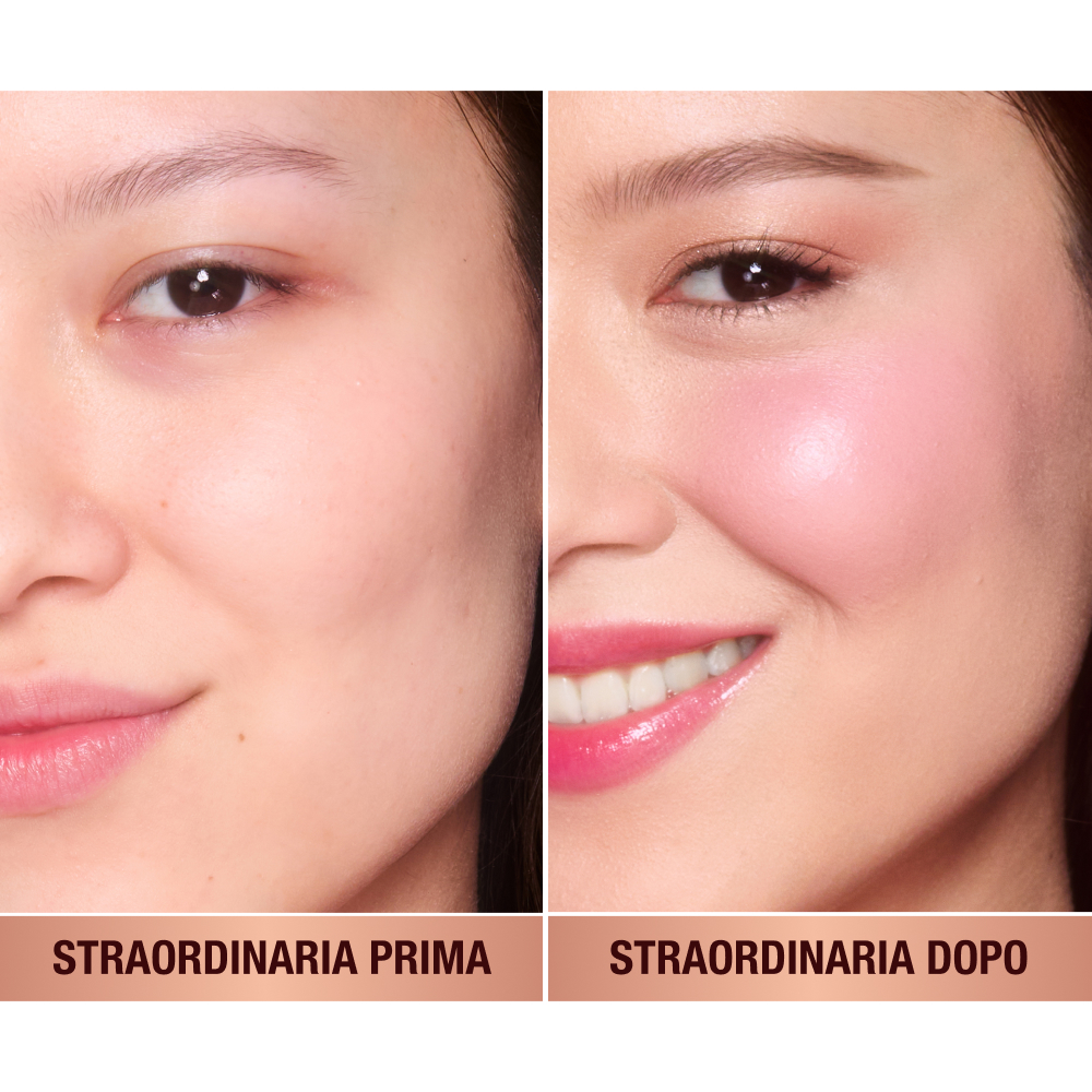 Prima e dopo della modella con pelle molto chiara con e senza blush. 