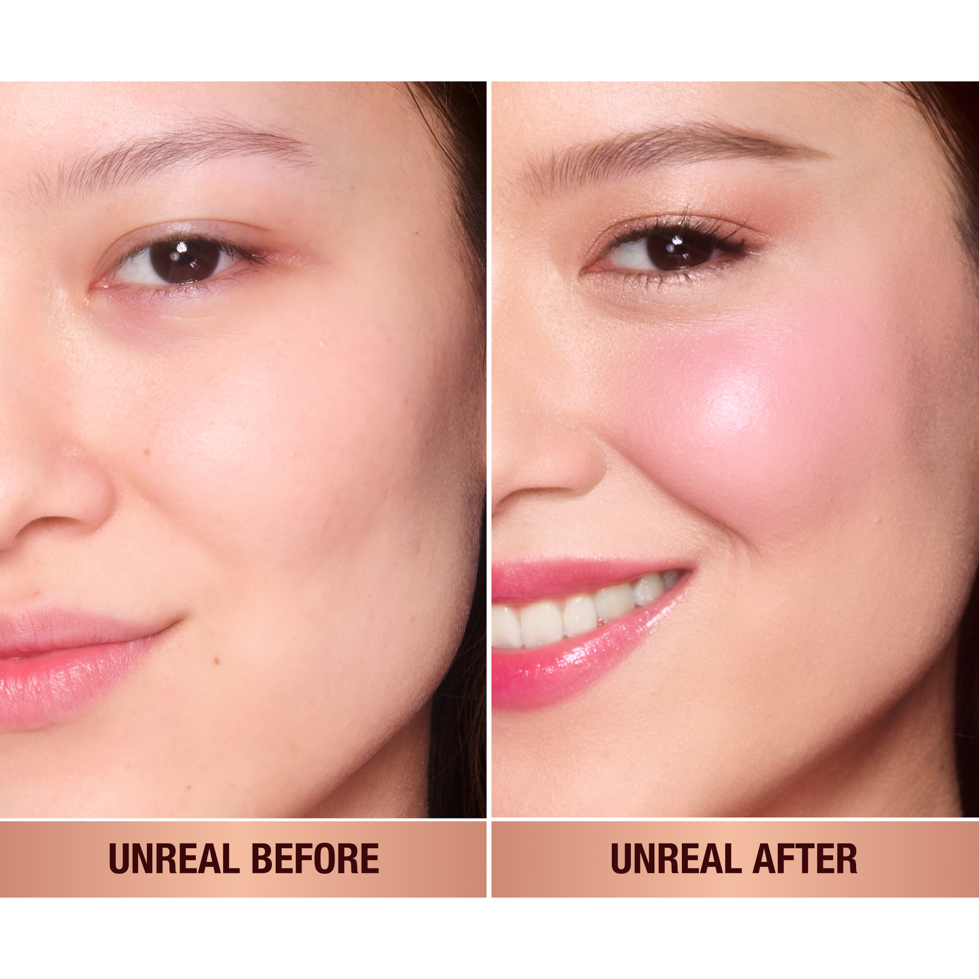 Before and after of fair model with and without wearing the blush. 