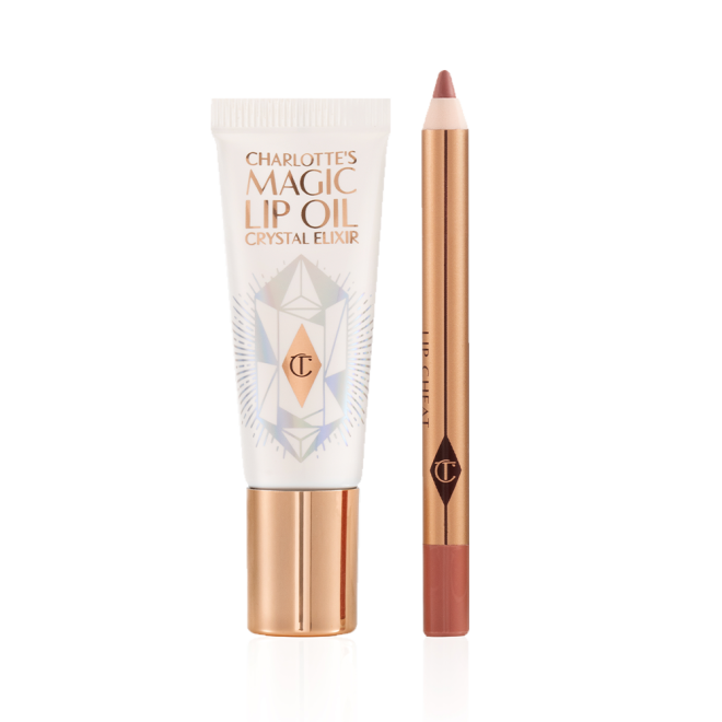 Lip oil in a white-coloured tube with a gold-coloured lid along with a lip liner pencil in a nude pink shade.