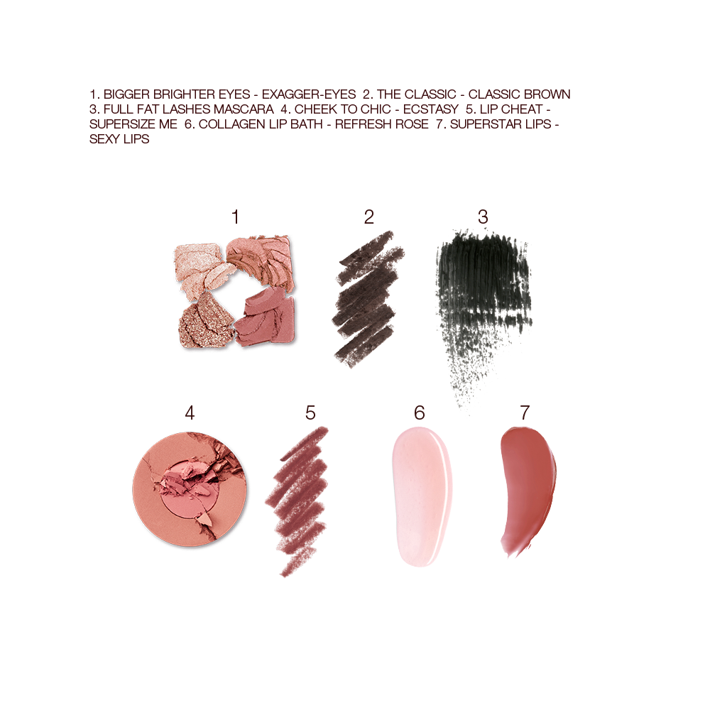 Swatches of a quad eyeshadow palette in shades of pink, brown, and gold, brown eyeliner, black mascara, two-tone blush in warm pink and light brown, lip liner in redwood, lipstick lip balm in sheer pink, and lip gloss in terracotta 