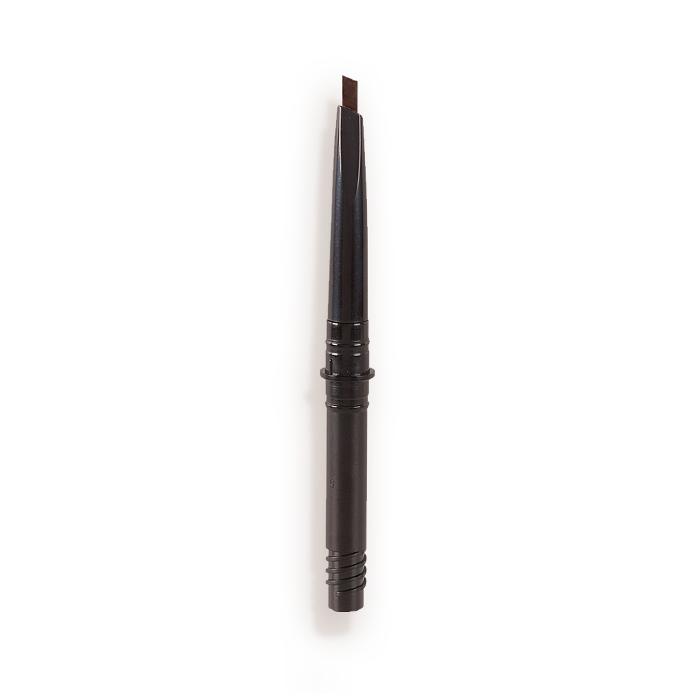 An open, dark-brown-coloured eyebrow tint refill with a black-coloured body.