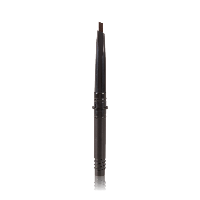 An open, dark-brown-coloured eyebrow tint refill with a black-coloured body.