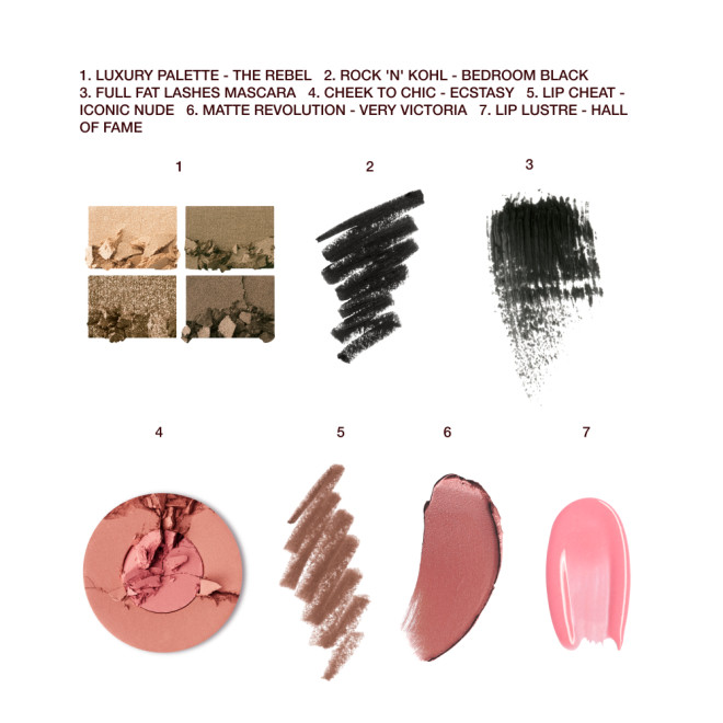 Swatches of a quad eyeshadow palette in shades of green and gold, black eyeliner, black mascara, two-tone blush in champagne and nude pink, lip  liner pencil in chocolate brown, lipstick in berry-pink, an dlip gloss in bright pink. 