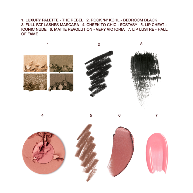 Swatches of a quad eyeshadow palette in shades of green and gold, black eyeliner, black mascara, two-tone blush in champagne and nude pink, lip  liner pencil in chocolate brown, lipstick in berry-pink, an dlip gloss in bright pink. 