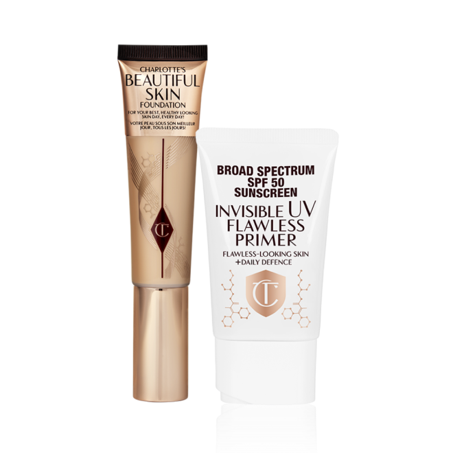 Foundation in a light golden-coloured tube with a glowy primer with SPF in a white-coloured tube with a white-coloured lid.