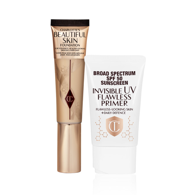 Foundation in a light golden-coloured tube with a glowy primer with SPF in a white-coloured tube with a white-coloured lid.