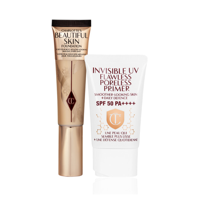 Foundation in a light golden-coloured tube with a glowy primer with SPF in a white-coloured tube with a white-coloured lid.