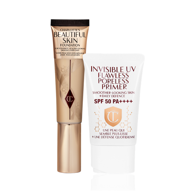 Beautiful Skin Foundation and UV Primer closed Foundation in a light golden-coloured tube with a glowy primer with SPF in a white-coloured tube with a white-coloured lid.