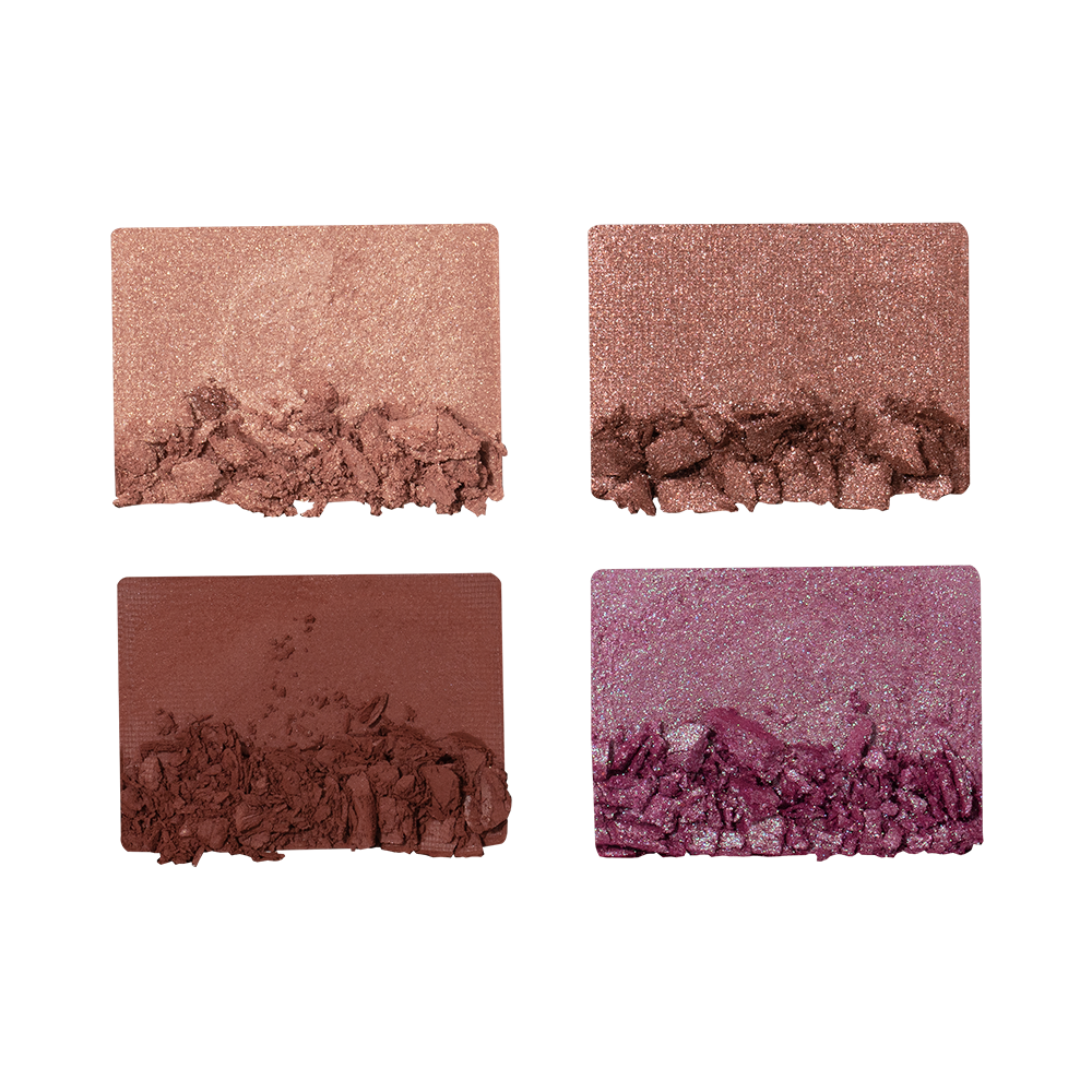 Swatches of four eyeshadows in matte and shimmery shades of peachy-pink, dusky rose, warm burgundy, and teal blue-brown