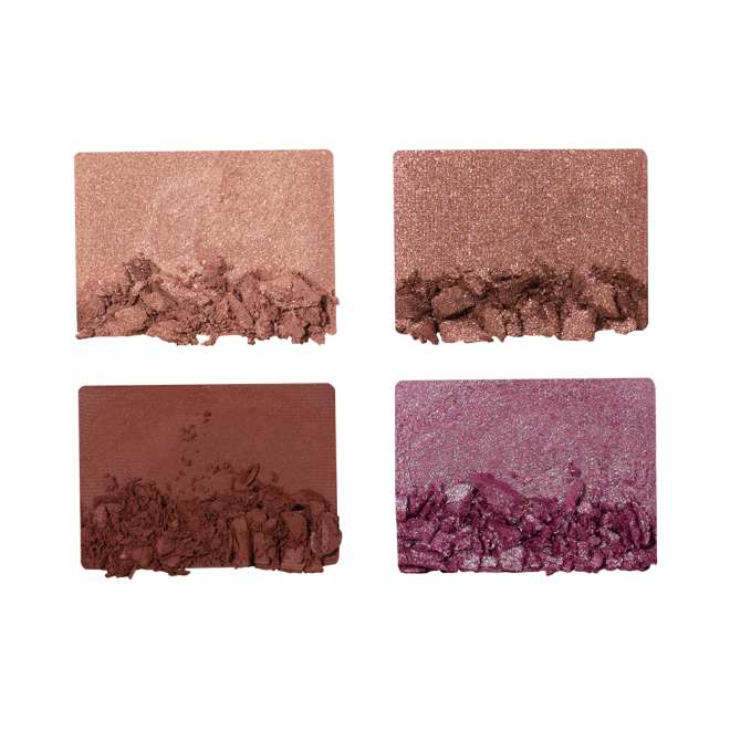 Swatches of four eyeshadows in matte and shimmery shades of peachy-pink, dusky rose, warm burgundy, and teal blue-brown