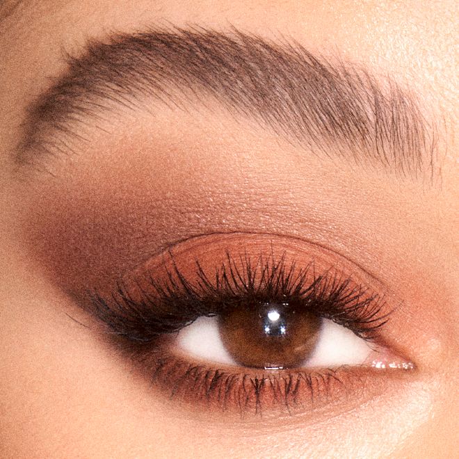 Luxury Palette in Desert Haze on brown eye close up Eye close-up of a fair-toned, brown-eyed model wearing a smokey, brown eye shadow.