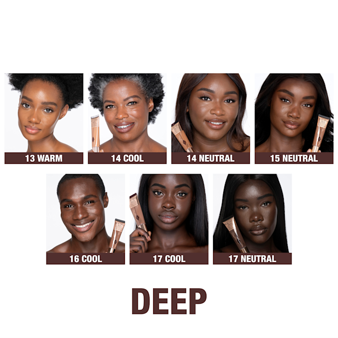 Beautiful Skin Foundation shade selection - Deep Banner with a collage of seven different models with deep skin tones and neutral, warm, and cool undertones, wearing glowy, luminous foundations in a range of dark tones to help customers identify their closest foundation shade match.