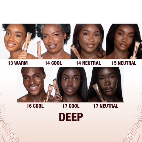 Banner with a collage of seven different models with deep skin tones and neutral, warm, and cool undertones, wearing glowy, luminous foundations in a range of dark tones to help customers identify their closest foundation shade match.
