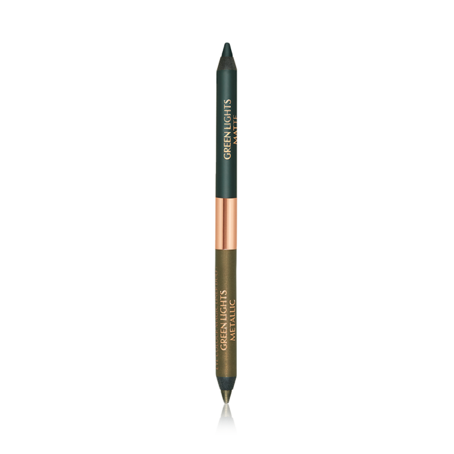 A double-sided eyeliner with lids removed in bottle green and dark khaki. 