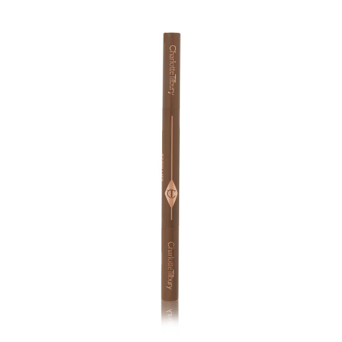 A closed, double-ended eyebrow pencil and spoolie brush duo in natural-brown-coloured packaging 