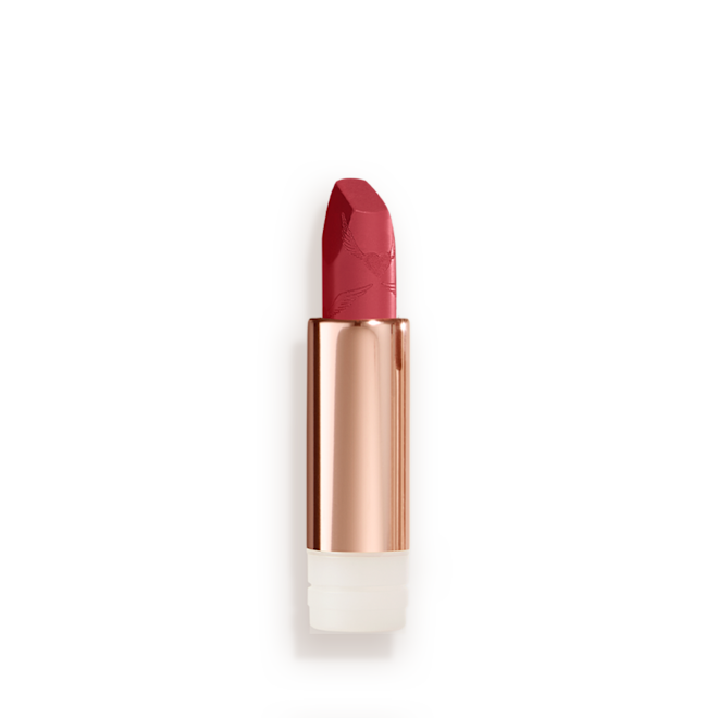 Look of Love Matte Revolution Lipstick Refill in First Dance open An open, blushed berry-rose lipstick refill in a metallic, golden-coloured tube with its lid next to it.