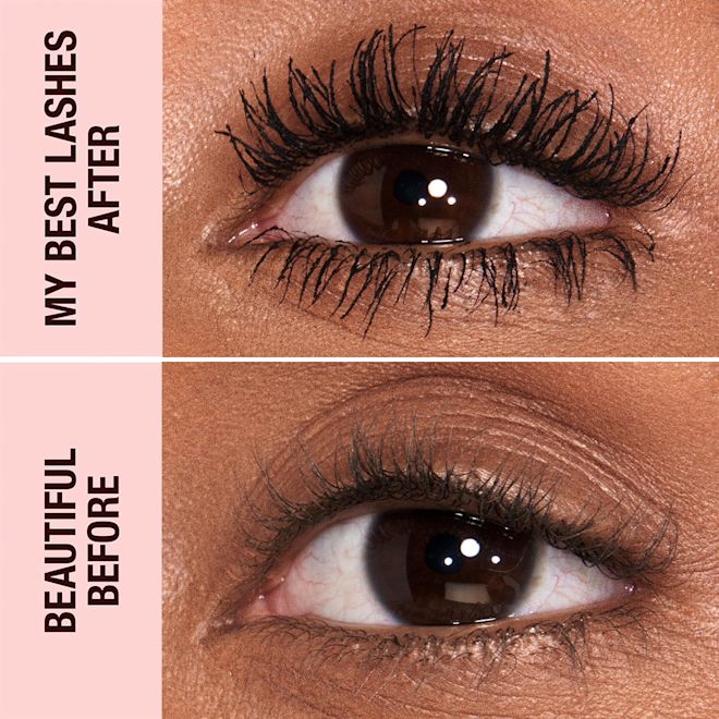 Pillow Talk Push Up Lashes! Mascara before and after deep-model GIF GIF of before and after of a deep-tone model wearing jet black mascara that lengthens the lashes and gives them an appearance of false lashes.