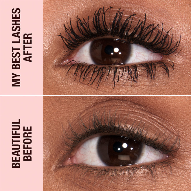 GIF of before and after of a deep-tone model wearing jet black mascara that lengthens the lashes and gives them an appearance of false lashes.