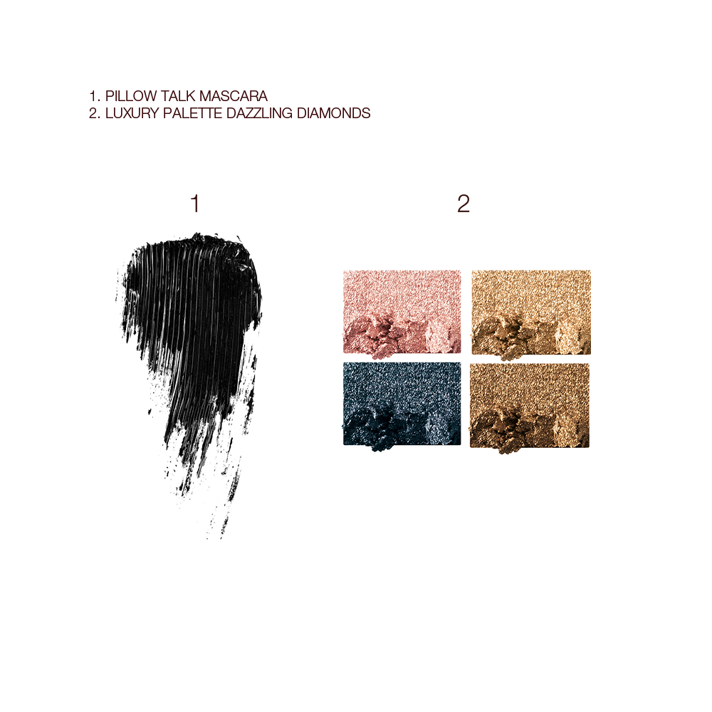 Swatches of black mascara with four shimmery eyeshadow swatches in shades of nude pink, gold, bronze gold, and teal. 