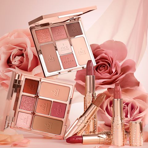 Two, open face palettes for fair to medium and medium to deep-tones with three eyeshadows, two blushes, and contour powders along with four nude lipsticks in shades of brown, peach, pink, and red.