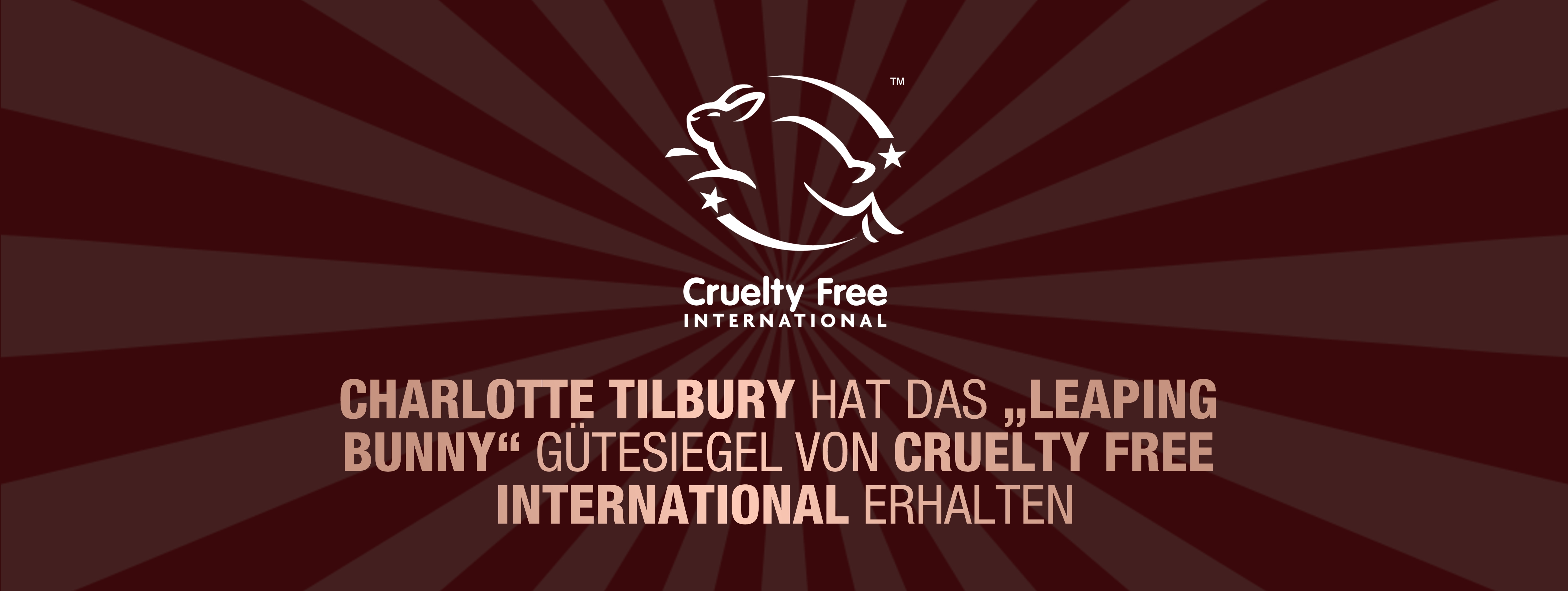Brown-coloured banner with a white-coloured illustration of a jumping bunny and text on the banner, 'cruelty-free international. Charlotte Tilbury beauty is officially leaping bunny approved by cruelty-free international!'