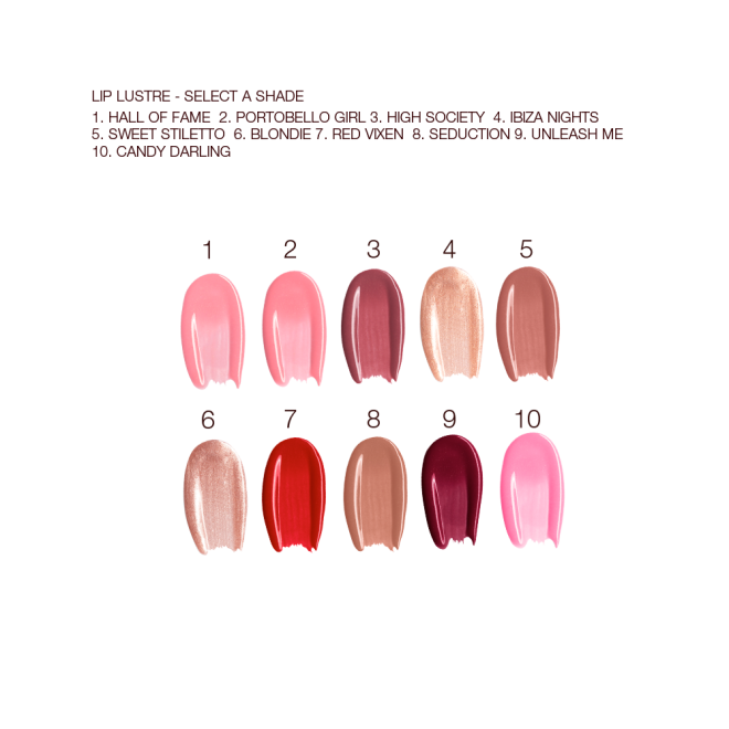 Swatches of ten, high-shine creamy lip glosses in shades of pink, burgundy, brown, gold, red, brown, and purple.