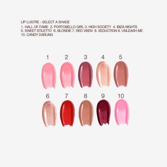 Lip Lustre swatches Swatches of ten, high-shine creamy lip glosses in shades of pink, burgundy, brown, gold, red, brown, and purple.