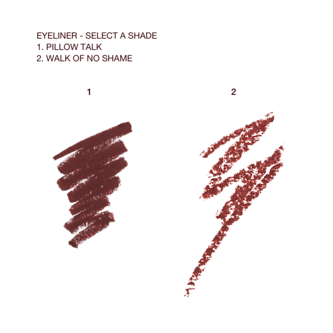 Charlotte's Mesmerise Define Eye Kit swatches Swatches of two mascaras, one in dark brown and the other in a russet rose shade.
