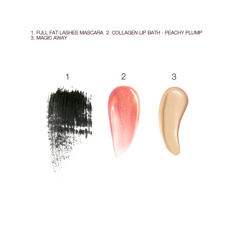 Swatches of black mascara, nude pink high-shine lip gloss, and liquid concealer in a light shade.