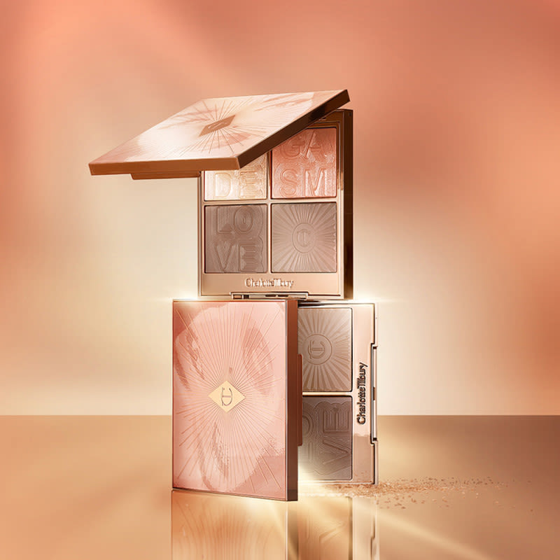 Two, quad face palettes with contouring, eyeshadow, and highlighter in nude shades of peach, brown, and gold. 