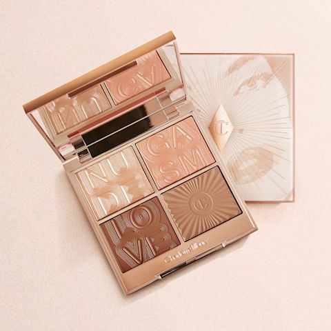 Two, quad face palettes with contouring, eyeshadow, and highlighter in nude shades of peach, brown, and gold. 