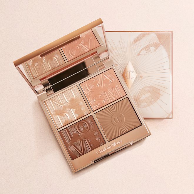 Glowgasm face palette in Nudegasm duo open Two, quad face palettes with contouring, eyeshadow, and highlighter in nude shades of peach, brown, and gold.
