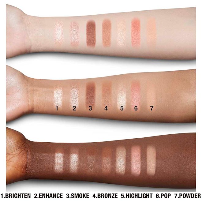 Instant Look in a Palette in Pretty Blushed Beauty arm swatches Swatches of a face palette that include three eyeshadows in beige, dusky pink, and dark brown shades, blush and highlighter in coral pink and honey-gold, and contour powders for light to medium skin tones on fair, tan, and deep-tone arms.