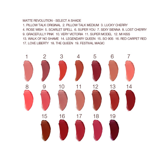 Swatches of nineteen lipsticks with a matte finish in shades of red, brown, orange, pink, and purple. 