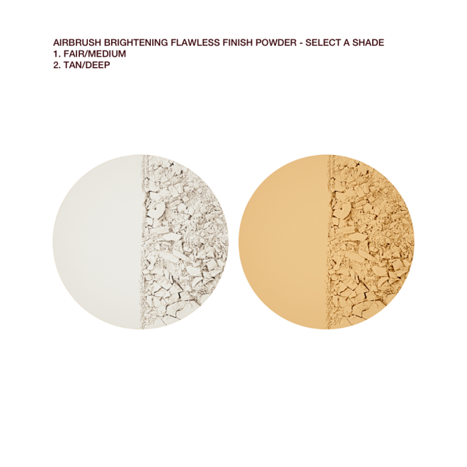 Swatches of two brightening, setting powder compacts in white and golden-yellow. 