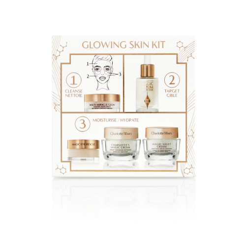 A makeup and skincare box displayed with products it contains printed on the front, which are a cleansing balm, facial serum, eye cream, and day and night creams. 
