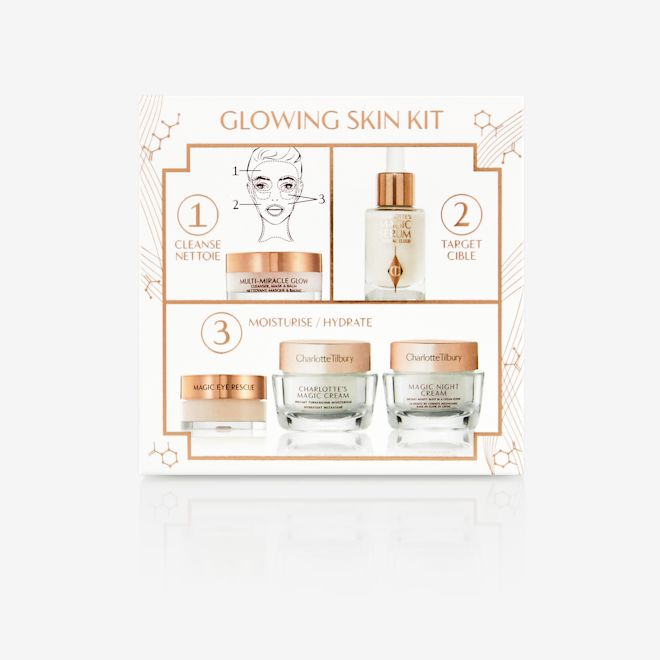 Glowing Skin Starter Kits Box A makeup and skincare box displayed with products it contains printed on the front, which are a cleansing balm, facial serum, eye cream, and day and night creams.