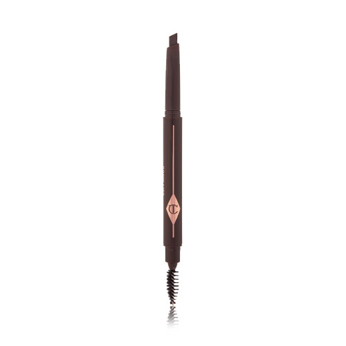 A double-ended eyebrow pencil and spoolie brush duo in a black shade with black-coloured packaging.