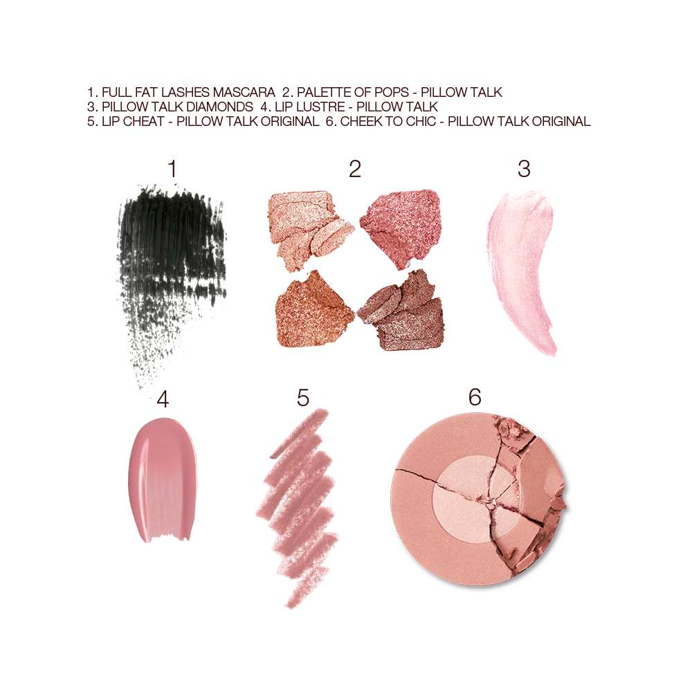 Swatches of black mascara, four shimmery neutral eyeshadows, a shimmery nude pink lipstick, a nude pink lip gloss and lip liner pencil, and a two-tone powder blush in a nude pink shade. 