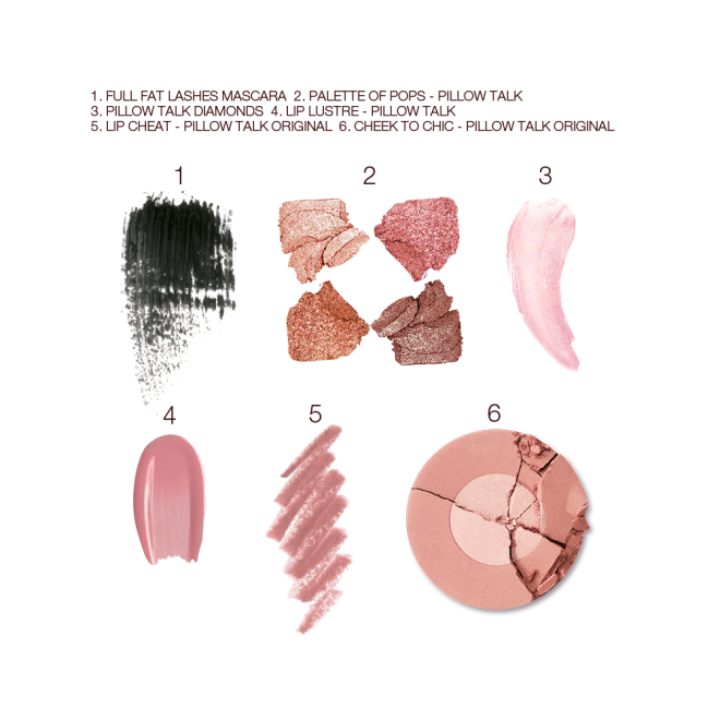 Swatches of black mascara, four shimmery neutral eyeshadows, a shimmery nude pink lipstick, a nude pink lip gloss and lip liner pencil, and a two-tone powder blush in a nude pink shade. 