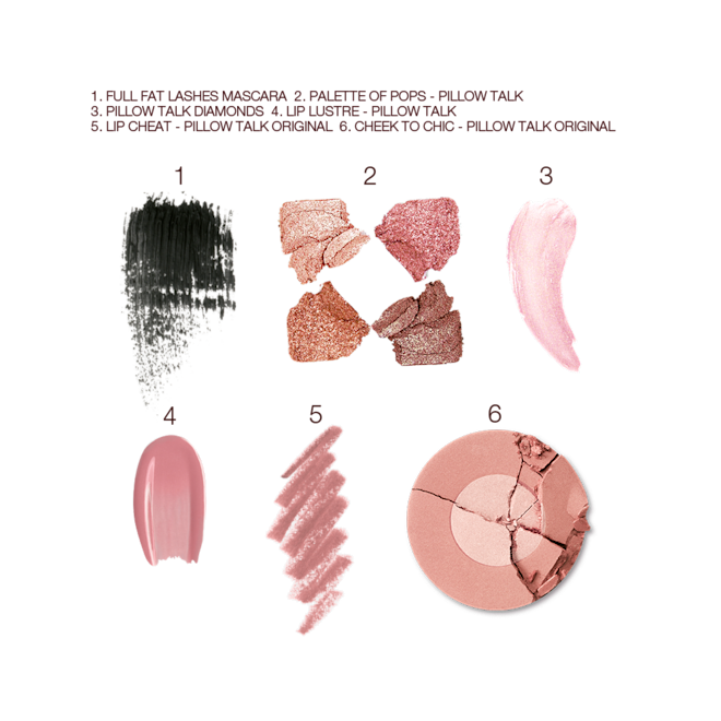 Pillow Talk Fresh, Glowing Makeup Secrets Box swatches Swatches of black mascara, four shimmery neutral eyeshadows, a shimmery nude pink lipstick, a nude pink lip gloss and lip liner pencil, and a two-tone powder blush in a nude pink shade.