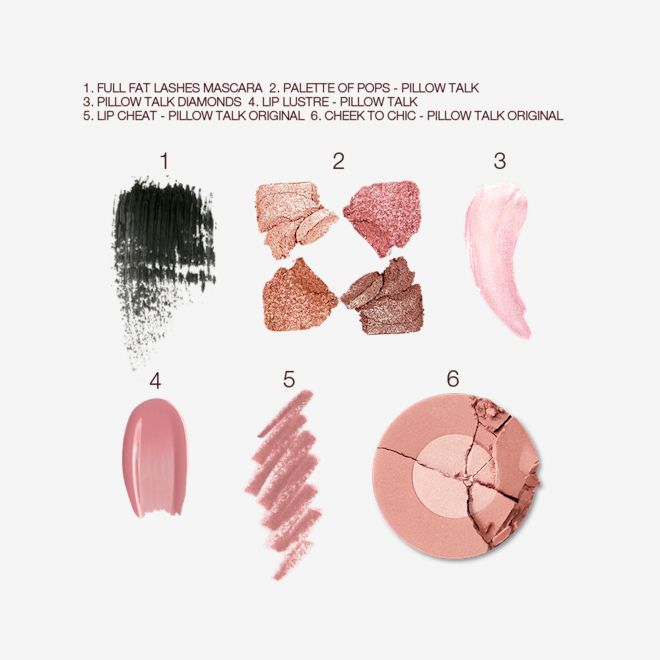 Pillow Talk Fresh, Glowing Makeup Secrets Box swatches Swatches of black mascara, four shimmery neutral eyeshadows, a shimmery nude pink lipstick, a nude pink lip gloss and lip liner pencil, and a two-tone powder blush in a nude pink shade.