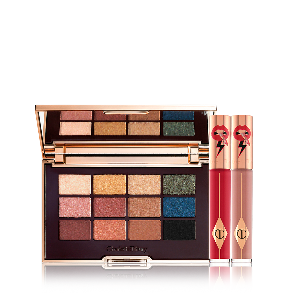 The Icon Eye Lip Duo Date Look Pack Shot with the Icon Eye Shadow Palette and Two Latex Love Lip Gloss