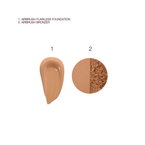Swatches of a liquid foundation and bronzer powder in medium-brown colour. 