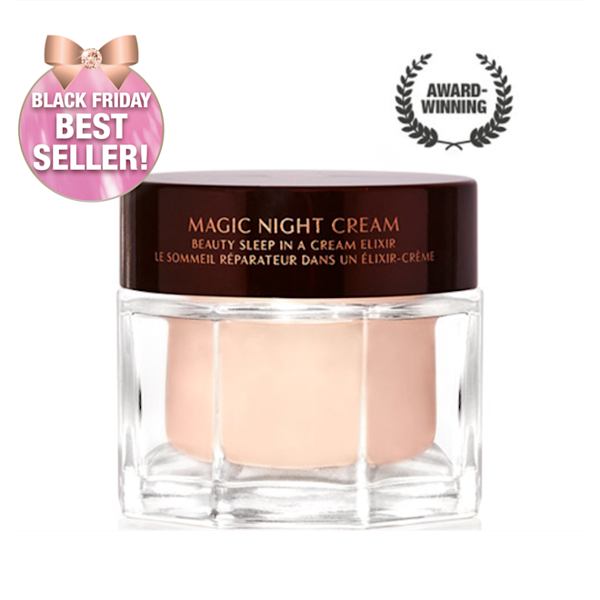 Award-wining, peach-coloured night cream in a large glass jar with a dark brown-coloured lid with Magic Night Cream written on it in gold colour.