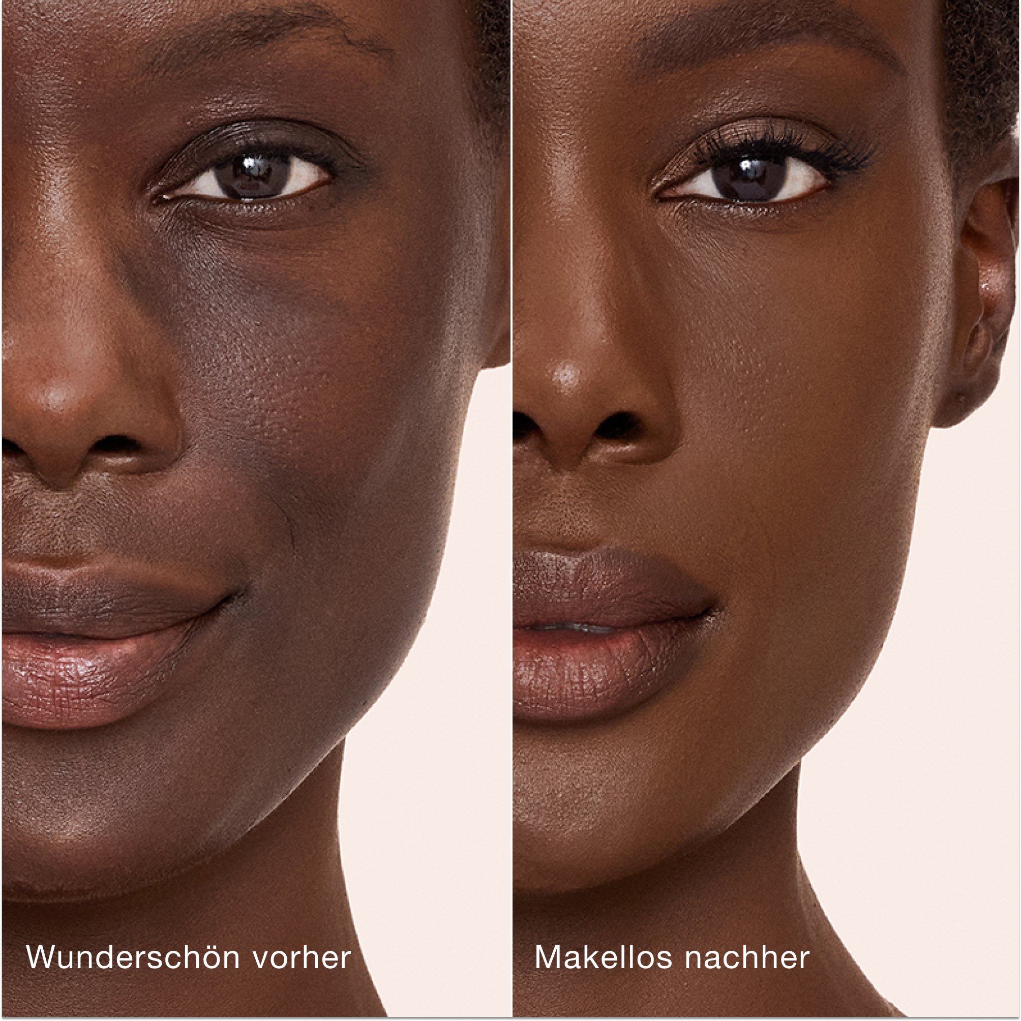 Ein direkter Vergleich zeigt die Haut vor und nach dem Auftragen des Charlotte Tilbury Airbrush Flawless Concealers mit den Beschriftungen „Wunderschön vorher“ und „Makellos nachher“.