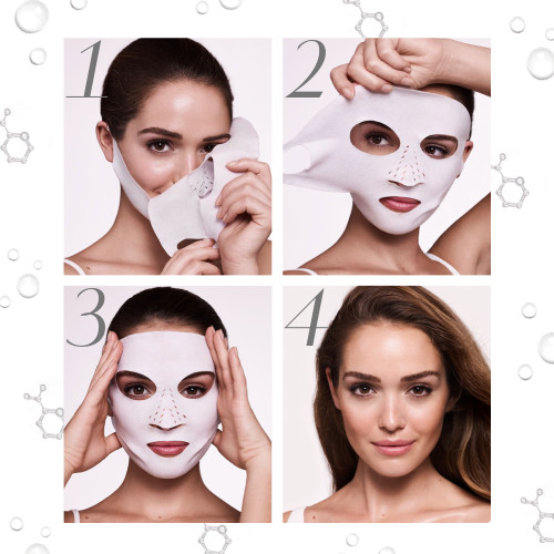 Light-tone brunette model displaying how to wear a face mask in four simple steps, where she puts the sheet mask on her face, pulls the ear straps behind er ears, adjusts the mask on her face, and then removes the mask, displaying glowy, flawless hydrated skin 